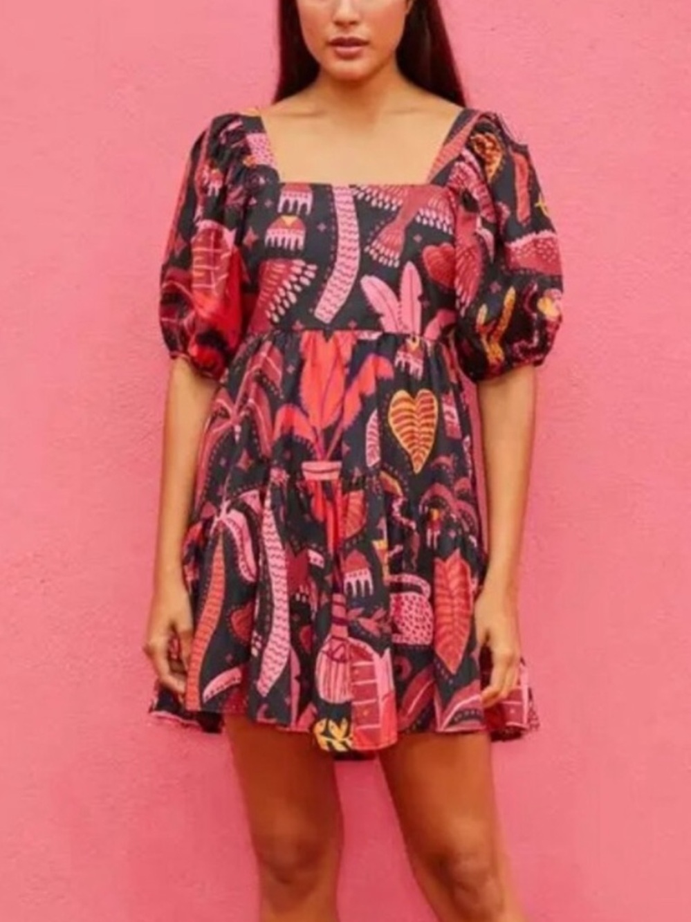 Farm Rio serpent Puff-Sleeve Mini Dress in Black and Pink size xs
